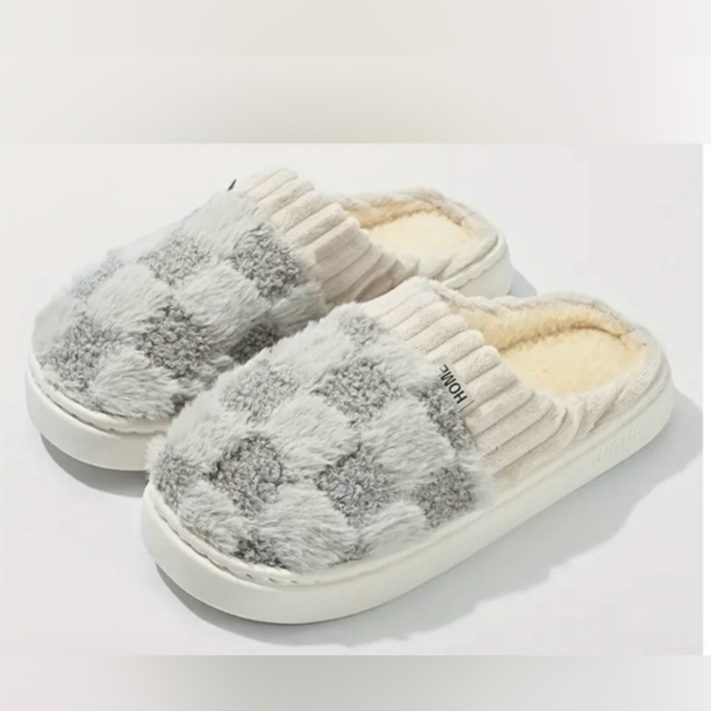 Cozy Gray and Cream Memory Foam Checkered Slippers